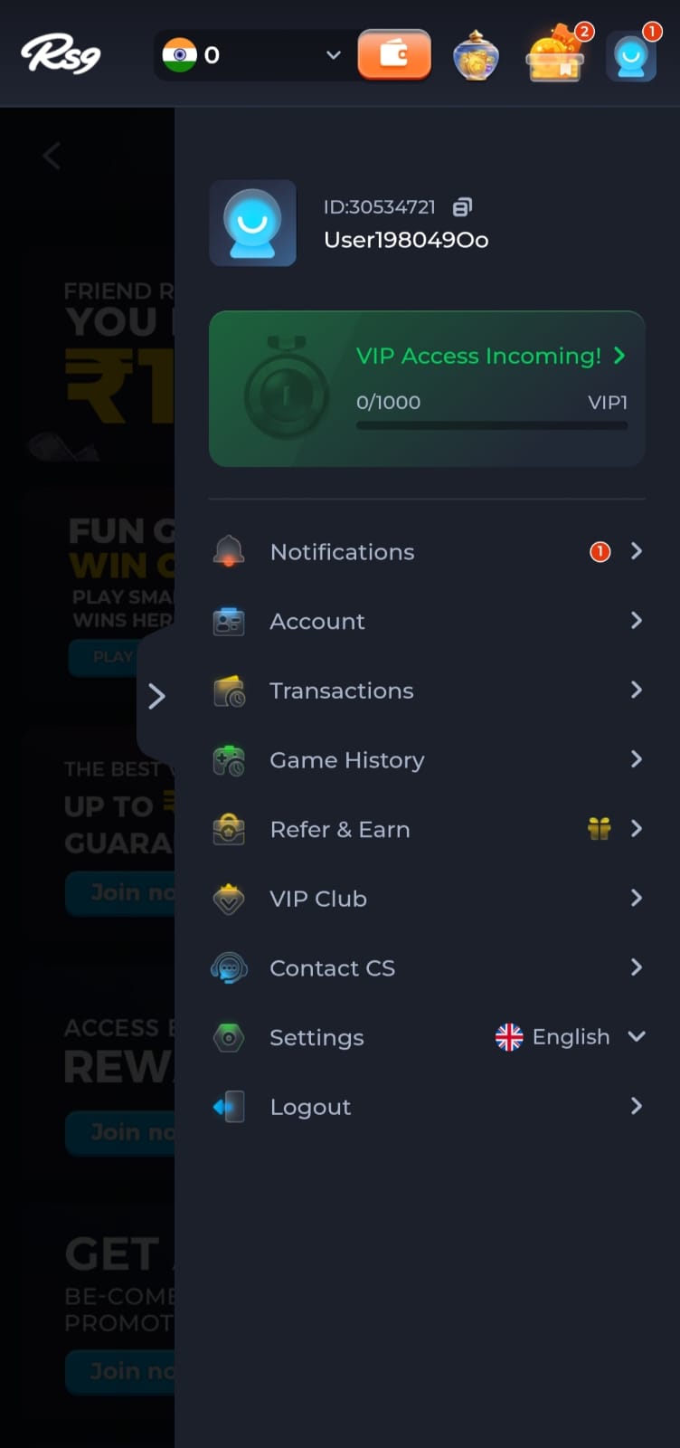 RS9 user account dashboard showing profile, transactions, VIP Club, referrals, and account settings