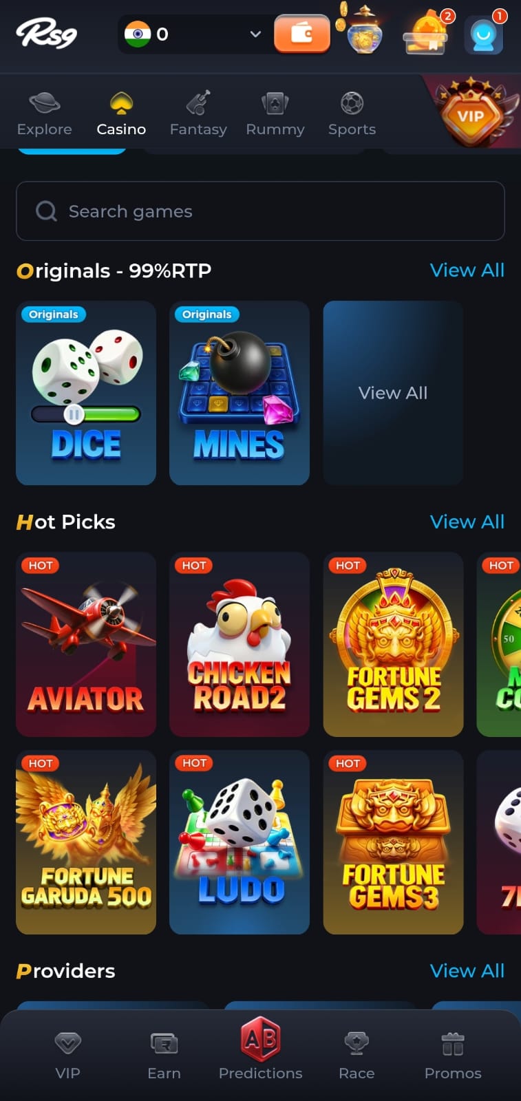 RS9 Casino games including Aviator, Mines, Chicken Road, Fortune Gems, and Ludo