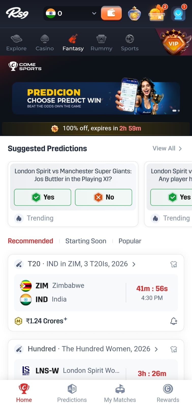 RS9 Fantasy Cricket prediction dashboard with live cricket matches and prediction contests