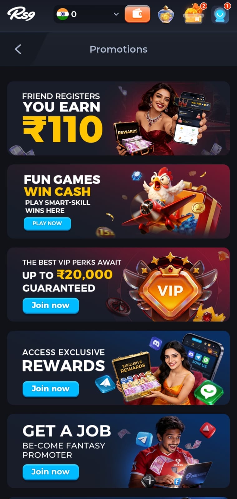 RS9 Game promotions page showing refer bonus, VIP rewards, exclusive offers, and fantasy gaming promotions